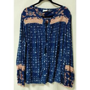 Wonderly Blue Boho Blouse Graphic Print Woven Long Sleeve Women Size XL